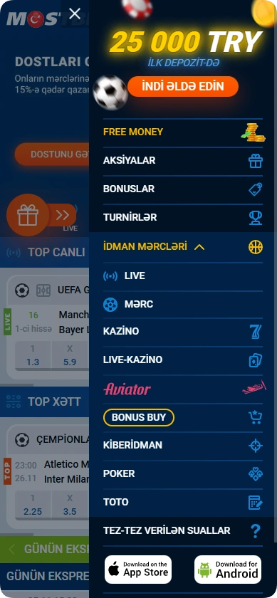 Akıllı telefonunuzda Mostbet web sitesi menüsü