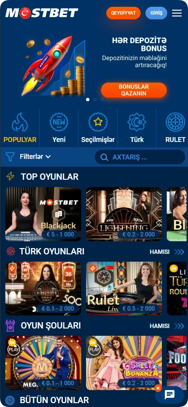 Mostbet TR web sitesindeki casino lobisi