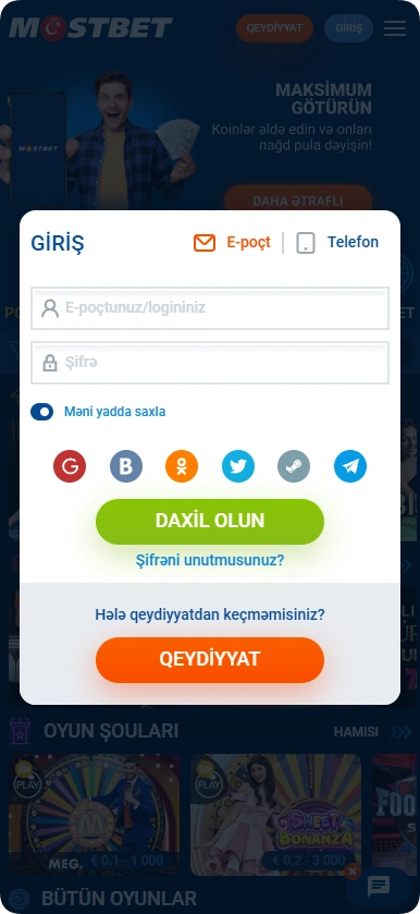 Mostbet web sitesinde yetkilendirme formu